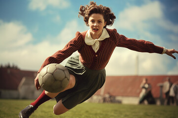 Fashionable 1940s woman playing football - soccer - obrazy, fototapety, plakaty