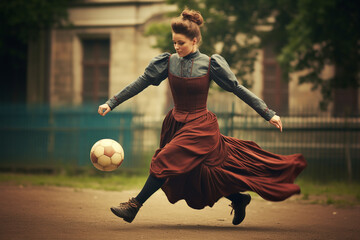 Naklejka premium Fashionable Victorian woman playing football - soccer