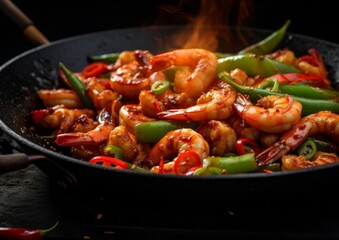 Spicy Shrimp Stir-Fry, with the steam rising and accentuating the glossy texture of the shrimps