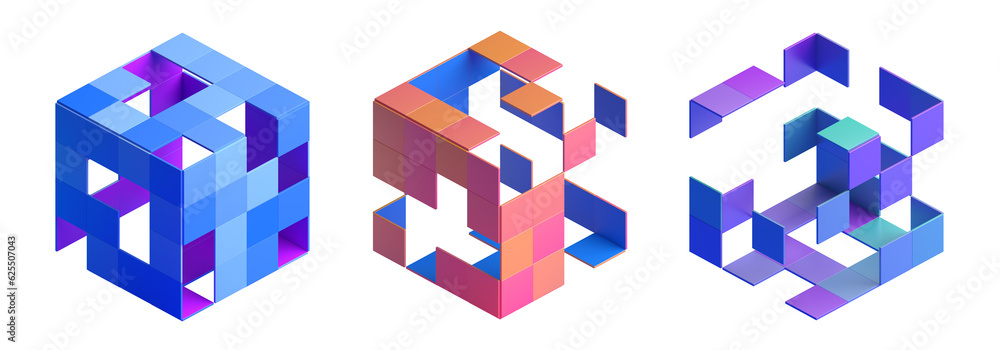 Aufkleber set of abstract cubes in different colors, 3d render