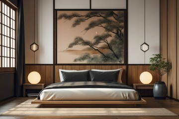 a mockup photo frame in traditional Japanese style hanging on a wooden wall in a bedroom,. Generative AI