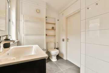 a modern bathroom with white walls and black flooring, including a toilet in the middle part of the room