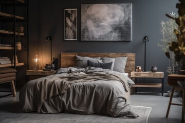 A distinctive wooden cabinet is placed next to a cozy bed with pillows and a grey duvet. Generative AI