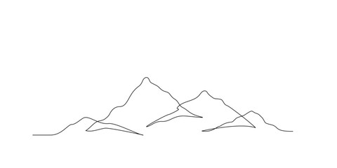 Continuous single line drawing of mountain range landscape background. One line pen drawing of mountain panoramic view. Line art style illustration of nature. Vector simple linear style. Handdrawn