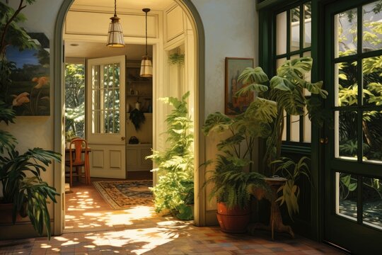 On a bright day, the interior of a dwelling is depicted specifically, a corridor featuring a shut entrance, adorned with a suspended light fixture and indoor flora.