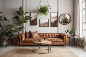 A photo frame with copy space is hanging over the sofa in the side view of the living room. Boho chic apartment with eco leather couch and furnishings. Concepts for furniture and loft interiors