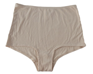 Panties isolated. Classic women's underwear in beige. Cotton jersey. Casual new panty closeup.