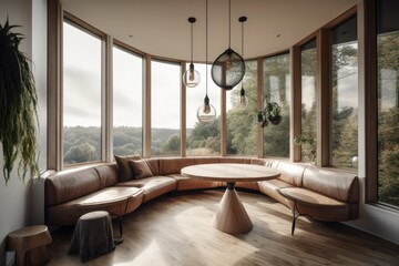 a living area with a sofa next to a glass window with views and a round pine wood dining table in the corner. Generative AI