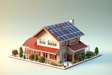 3d model, layout of an eco-friendly, energy-efficient house. Energy Efficient House. Renewable energy concept. Selective focus. Generative AI technology.