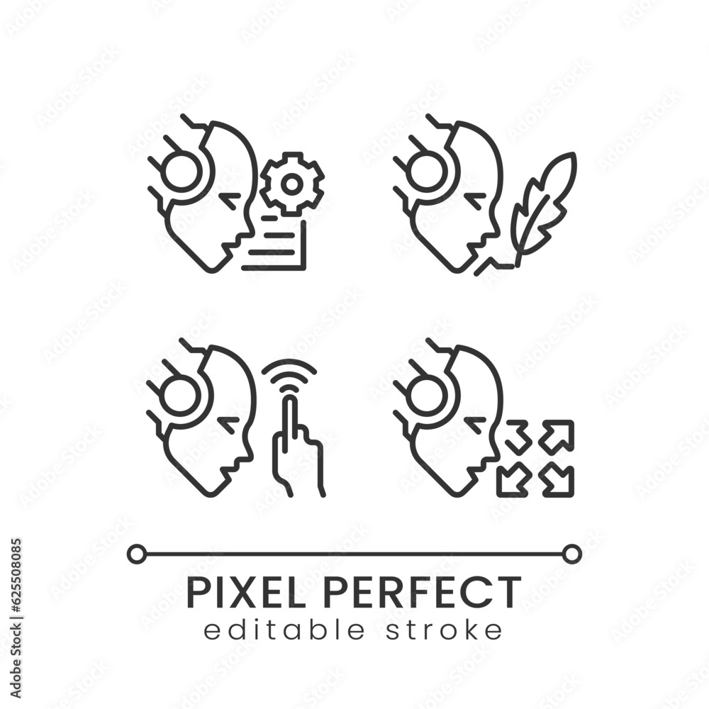 Poster artificial intelligence capabilities pixel perfect linear icons set. machine learning. business oppo