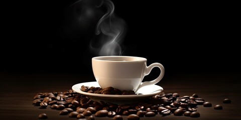 White Coffee Cup on Black Table with Coffee Beans. Closeup Background with Copy Space