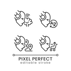 Machine learning usage pixel perfect linear icons set. Artificial intelligence. Process optimization. Customizable thin line symbols. Isolated vector outline illustrations. Editable stroke