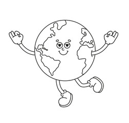 The hand-drawn retro character of the Earth planet. Vector illustration in trendy retro cartoon style. Line art.
