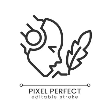AI writes pixel perfect linear icon. Artificial intelligence poetry. Creative literature. Content generator. Thin line illustration. Contour symbol. Vector outline drawing. Editable stroke
