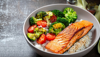 Healthy lunch bowl with grilled salmon, rice and vegetables. Grilled zucchini, broccoli and tomato with salmon steak and rice.