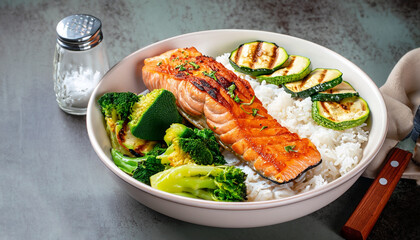 Healthy lunch bowl with grilled salmon, rice and vegetables. Grilled zucchini, broccoli and tomato...