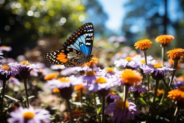 Fototapeta premium Butterfly Garden With Colorful Flowers, Generative AI