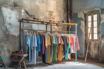 A clothes rack with a variety of colorful hangers and garments to hang on waits for change next to an ancient wooden clothesline. Generative AI