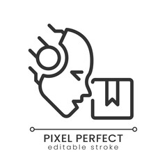 AI delivers pixel perfect linear icon. Autonomous robot. Ecommerce shipping. Supply automation. Food delivery. Thin line illustration. Contour symbol. Vector outline drawing. Editable stroke