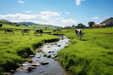 Obraz premium Dairy Farm With Cows Grazing On Lush Green Field, Generative AI