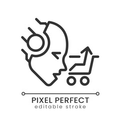 AI sells pixel perfect linear icon. Customer tracking system. Virtual shopping cart. Retail business. Sales efficiency. Thin line illustration. Contour symbol. Vector outline drawing. Editable stroke