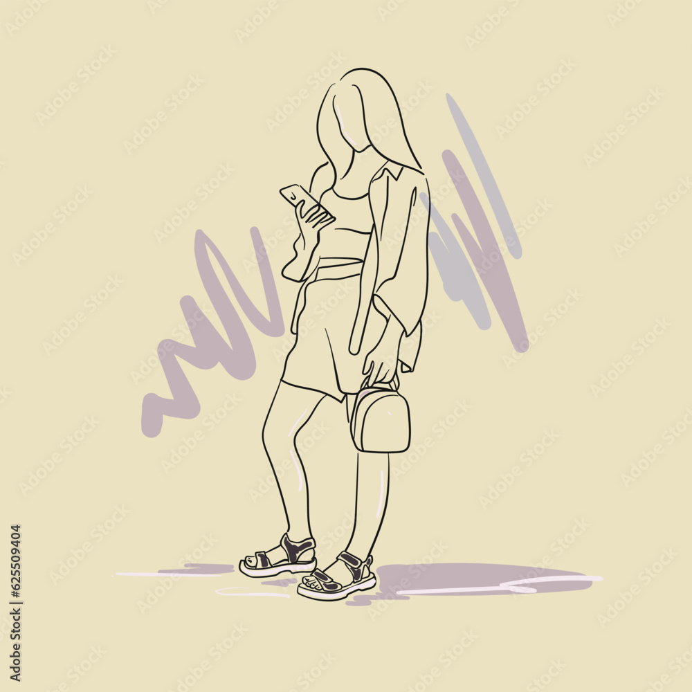 Poster girl standing with phone and bag line art on yellow background. waiting woman. vector illustration