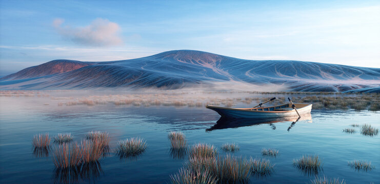Surreal image of a boat on the lake. Nature concept.