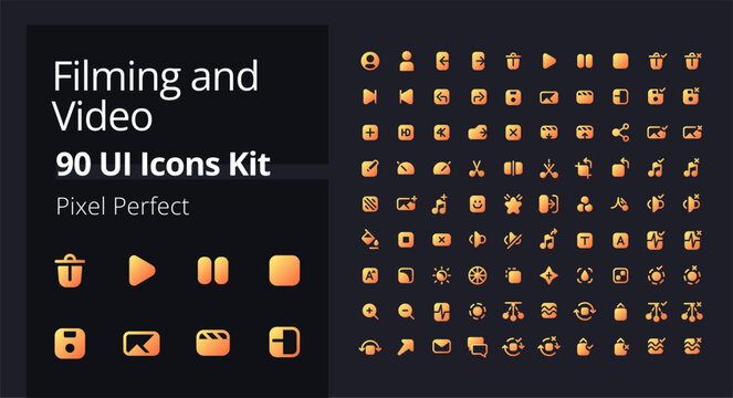 Video production pixel perfect solid gradient ui icons kit. Filmmaking software. Footage settings. Vibrant color filled symbols. Modern glyph pictograms pack for dark theme. Isolated vector image