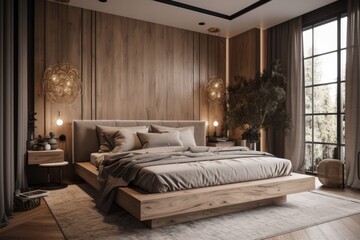 A contemporary master bedroom with a wooden headboard panel and display racks. utilizing decorations with dim illumination. Generative AI