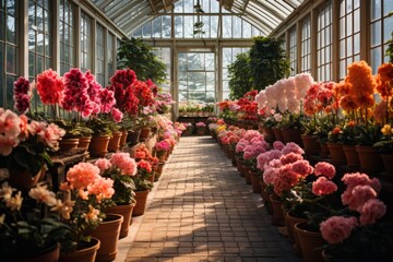 Fototapeta na wymiar Greenhouse Filled With Rows Of Blooming Flowers, Generative AI