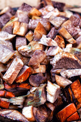 Raw chopped mushrooms in a frying pan. Close-up