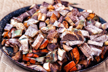 Raw chopped mushrooms in a frying pan. Close-up