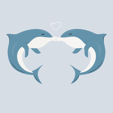 Cartoon shark couple falling in love. Hand drawn vector illustration of Sea animals love
