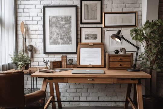A close up of a straightforward office setting featuring a copy area, a mock up frame, a painting brush, and a glass vase on a white desk with a modern rustic background. Generative AI