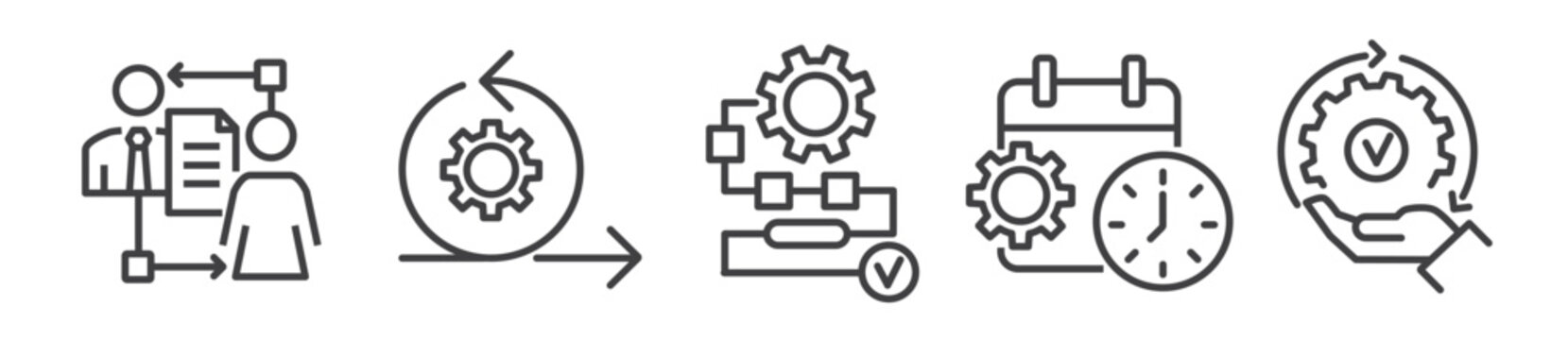 Workflow, sequence of operations and processing - thin line icon set