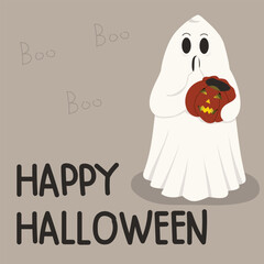 Cute cartoon spooky character. Happy Halloween greeting card. Vector illustration of ghost with pumpkin lantern