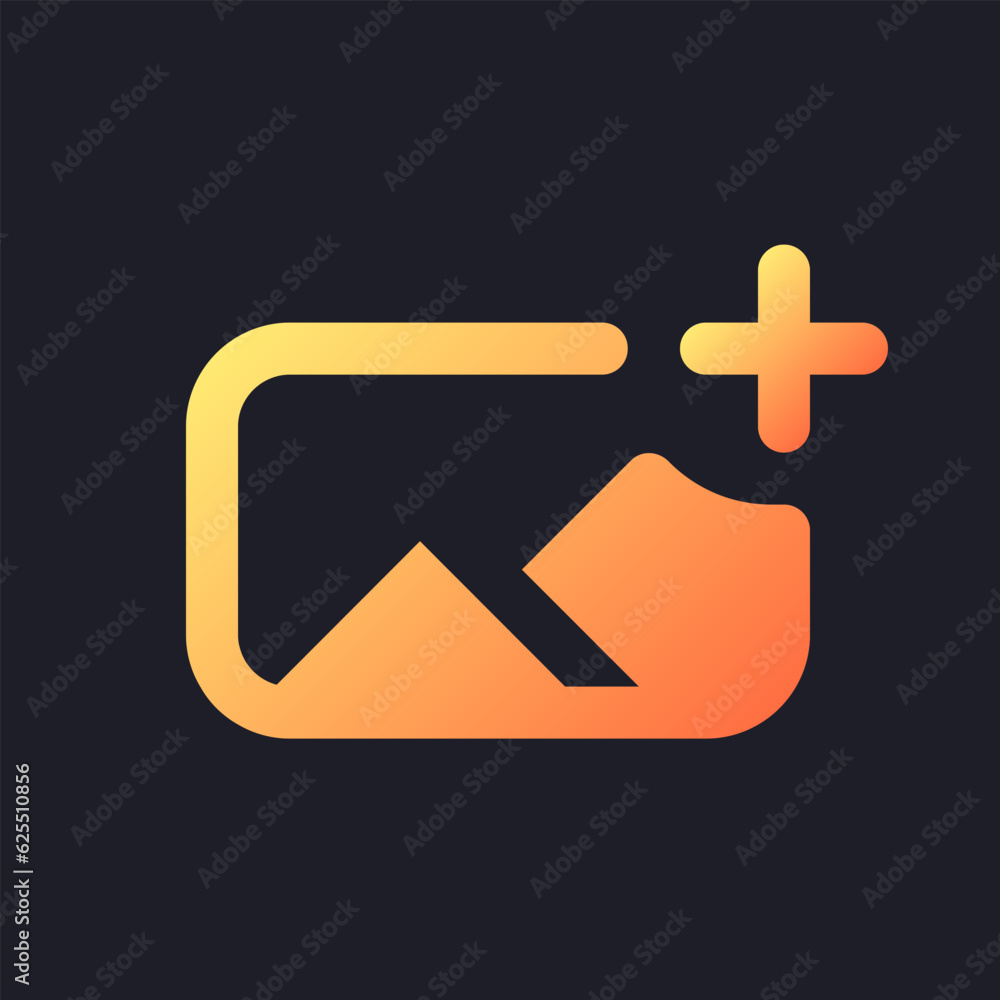 Poster add image orange solid gradient ui icon for dark theme. insert photo into footage. overlay picture. 