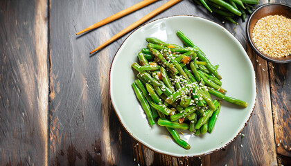Fried green beans with sesame. Asian food