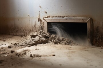 The register wall vent in the house is covered in dirt and contains a buildup of dust and pet hair, which is blocking the opening of the duct.