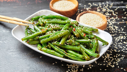 Fried green beans with sesame. Asian food