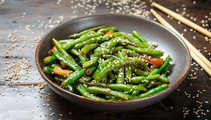 Fried green beans with sesame. Asian food