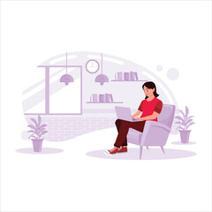 Happy working woman sitting in front of the laptop, relaxing after a long day in the comfortable home office. Trend Modern vector flat illustration
