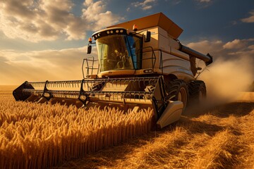 Fototapeta premium Wheat Field With A Combine Harvester Harvesting, Generative AI