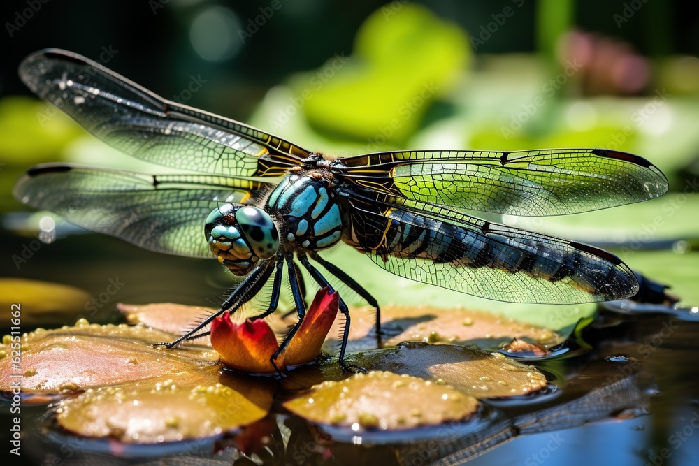 Poster a closeup shot of a dragonfly perched on a lily pad adding a touch of magic to a tranquil pond fores