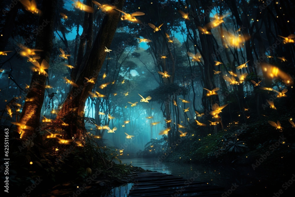 Poster a cluster of fireflies illuminating a summer night their bioluminescence creating a magical atmosphe