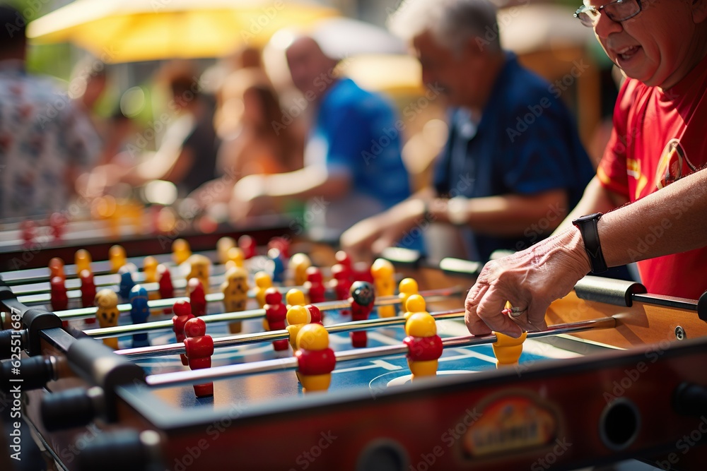 Poster a couple enjoying a game of table soccer maneuvering the players with speed and precision leisure ga