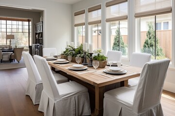Fototapeta na wymiar Contemporary farmhouse style dining room featuring arranged table settings.