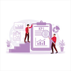 Businessman analyzing business and management data connected with KPI financial and marketing charts and graphs. Trend Modern vector flat illustration.