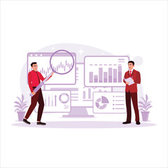 Business people are doing data business analysis and data management systems with KPIs and metrics. Trend Modern vector flat illustration.