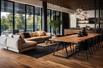 The main focus of the living room is a contemporary sofa, which sits in front of the dining table. The flooring in this area is crafted from wood.